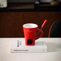 Personal Fondue Mug Includes Dipping Fork Ceramic Chocolate Melter Heart Pattern Tea Light White English