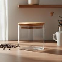 Square Glass Jar Transparent Body Food Storage SpaceSaving Airtight Canister with wood Lid 350ML