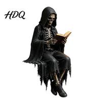 Gothic Home Decor Dark Fantasy Figure Reading Hooded Grim Reaper Statue Style Ornament Halloween Resin Sitting Skeleton Figurine for Bookshelf Theme C