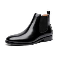 Elegant Chelsea Boots Genuine Cow Leather Men Ankle Shoes with Elastic Band Black Slip on Formal Business Fashion Boots for Men 6 juoda