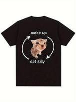 1pc Wake Up Act Silly Meme Cat Graphic T-Shirt for Men, 100% Cotton Crew Ne Unisex T-Shirt L