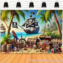 Vinyl Pirate Beach Backdrop - Pirate Ship, Parrot & Treasure Chest Photography Background 47.2x31.5inch/120*80cm