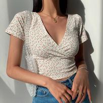 Retro-Style Floral Cross V-Neck Slim-Fit Cropped Short-Sleeve T-Shirt For Women New Summer Style M geltona