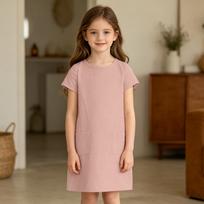 Girls Casual Dress Summer Linen Cotton Blend Short Sleeve Pockets Straight Cut Comfortable Lightweight Dress for Everyday Wear 140 rožinė