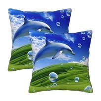 Frutiger Aero Dolphin Y2K Aesthetic Meadow With Bubbles And Mountains And Sky 2 Pcs Square Pillowcase Pillow Cover Throw Pillow Peach skin 18*18(CM)-2Pcs
