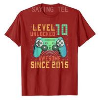 Level 10 Unlocked Video Game Player Birthday Boy Awesome Since 2015 T-Shirt Gift Sons Nephew B-day Present 10 Year Old Gamer Tee S brown