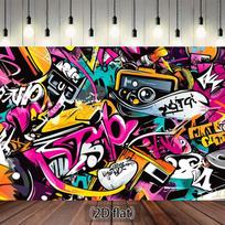 2D Urban Graffiti Backdrop, Pink & Yellow Street Art Camera & Music Elements Background 47.2x31.5inch/120*80cm