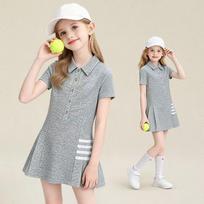 Merginų vasarinė plisuota su polo apykakle suknelė didesniems vaikams Preppy stiliaus 110 pilka spalva