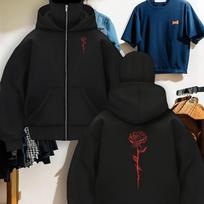 Men'S Hooded Zip-Up Jacket with Red Rose & Lettering - Full-Zip Windproof Coat, Full-Zip Front Closure S