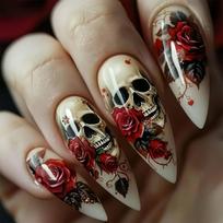 Halloween Party Ghostly False Nail Almond Shape Rose Skull Design Quick Application ABS Nail Long Lasting Wear 24pcs 1