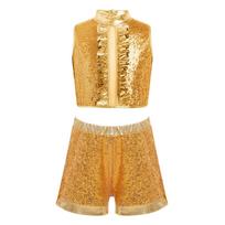 Girls Sequin Metallic Jazz Dance Outfit Mock Neck Sleeveless Back Invisible Zipper Ruffles Crop Top Shorts Set 5-6 Years auksas