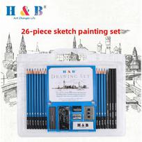 26-Piece Beginner Sketch Pencil Set Raw Wood Drawing Pencils, PVC Carrying Case, Complete Art Kit with Brushes & Tools 2B