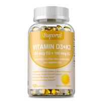 Vitamin D3 and K2 capsules, each containing 125 micrograms of D3 and 100 micrograms of K2, help with bone health. 120