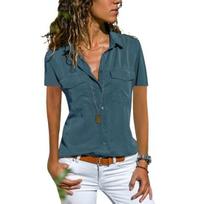 Yousheng Women Casual Shirt Lapel Short Sleeve Flap Pockets Shirt Solid Color Single Breasted Slim Fit Office Lady Tops XL mėlyna