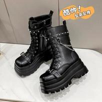 Platforma Stori gotikiniai batai Moteriški sagtis rudeniniai batai moteriški pleištai aukšti batai Punk Street Cosplay Botas motociklo grandinėlė 35 juoda
