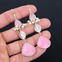 Halloween Deal Pink Chalcedony Stone 925 Silver Dangling Mother Wedding Earrings