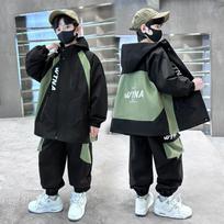 Boys' Spring/Fall Set for Older Kids Hooded Windbreaker + Pants Casual Sportswear Cool & Stylish Two-Piece Set 120 žalia