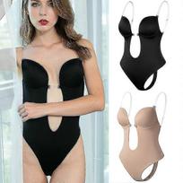 Women Backless Bodysuit Shapewear U Plunge Seamless Thong Strapless Full Bodysuits Plunging Deep V-neck Body Shaper For Wedding V S(32) juoda
