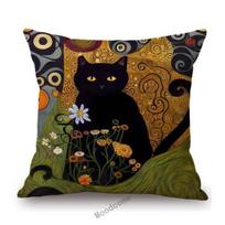 Nouveau Art Gustav Klimt Style Gold Black Cat Lovely Kitten Home Decoration Art Sofa Pillow Case Linen Chair Seat Cushion Cover Peach skin 18*18(CM)-1Pcs