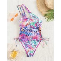 Sexy Colorful Printed One Shoulder One Piece Swimsuit Women Swimwear Female Monokini Padded Bather Bathing Suit Swim Lady L beige