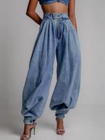 High Waisted Front Zipper Baggy Harem Jeans Vintage Streetwear Washed Blue Loose Tapered Buttoned Ankle Casual Denim Trousers S mėlyna