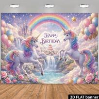 2D Happy Birthday Unicorn Backdrop Rainbow Castle Balloon Party Background 47.2x31.5inch/120*80cm