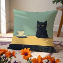 Cute Black Cat Coffee Pillow Cover Retro Mid-Century Print Cozy Kitten With Teacup Cushion Case For Sofa Bed Couch Home Decor Peach skin 18*18(CM)-1Pcs