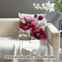 Poppy Faux Embroidery Pillow Cover 2D Floral Print Vintage Botanical Cushion Case For Sofa Bed Couch Boho French Home Decor Peach skin 18*18(CM)-1Pcs