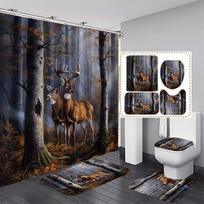 4pcs  Deluxe Forest Deer Pattern Waterproof Shower Curtain With 12 Hooks Non-Slip Bathroom Rug Toilet U-Shape Mat Toilet Lid Cover Pad 4Pcs gray