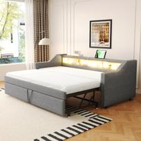 Ištraukiama minkšta lova sofa su LED ir USB 90/180x190 cm šviesiai pilka 1 vnt