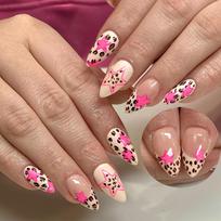 Glossy Almond Pink French Leopard Star Nail Tips, Spring/Summer 2026 Collection, 24 Removable Pieces.