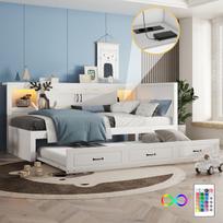 Polsterbett 90x200 cm, LED, stalčiai, USB, be čiužinio, balta
