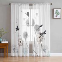 Black And Pure White Dandelion Green Plant Soft Tulle Window Panel Drapes Living Room Silk-like Fabric Transparent Transparent Fabric Curtain W135 x H115cm x1&Grommet Top