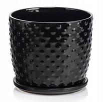 Juodas keramikinis gėlių vazonas su lėkštele ir drenažu, 13 cm, 13 cm