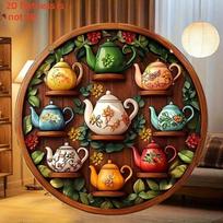 Bohemian Teapot Floral Wreath Round Metal Art 2D Flat Wood Sign Home Gift 20x20