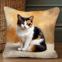 Cute Calico Cat Pillow Cover Oil Painting Print Adorable Tri-Color Kitten Cushion Case For Sofa Bed Couch Rustic Home Decor Peach skin 18*18(CM)-1Pcs