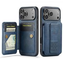 Phone Case for iPhone 17 Pro Max 16e 17e Air 16 Plus 15 Pro 14 13 12 11 WristBand Card Holder Bracket Magnetic Leather Cover iPhone 15 Plus mėlyna