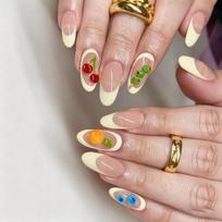 24PCS Cute Ins Fruit Almond Stick on Nails Spring Summer Fresh Lace Patterns French False Nails Yellow Lemon Bowknot Fake Nails