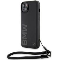 Dėklas BMW BMHCP15S23RMRLK Apple iPhone 15   14   13 6.1″ juodos spalvos kietas dėklas Signature Leather Wordmark Cord