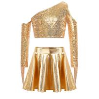 Girls Jazz Dance Competition Costume: Metallic Shiny One Shoulder Long Sleeve Tassel Crop Top with High Waist Pleated A-Line Skirt 5-6 Years auksas