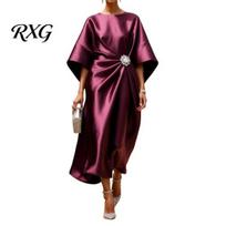 Patogi laisva suknelė moterims, satininė, su šikšnosparnio rankovėmis, ilga suknelė, akcentuota kalnų krištolu, apvali apykaklė, elegantiška, vienspalvė, vakarėliui, A formos, oficiali XXL vyno raudonos spalvos