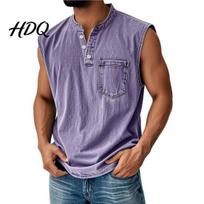 Masculine Style Shirts Men's Sleeveless Shirts V Neck Breathable Casual Summer Lightweight Men Top Pocket Top Button Up Solid Color Stretchable for S violetinė