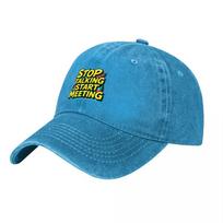 STOP TALKING START MEETING Embroidered Washed Canvas Baseball Cap Classic Unisex Adjustable Hat for Unisex and Women