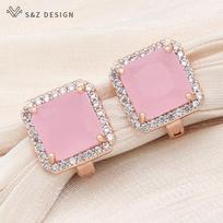 Fashion Square Pink Crystal Drop Earrings For Women Trendy Jewelry Rose Gold Color Wax Inlay Cubic Zirconia Eardrop