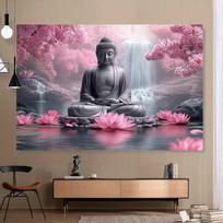 2D Zen Buddha Tapestry Cherry Blossom Waterfall Backdrop Cloth for Living Room 47.2x31.5inch/120*80cm