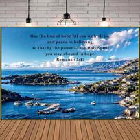 2D Spausdintas Biblijos Eilutės Sienos Menas, Romiečiams 15:13 su mėlynu vandenyno vaizdu 70.9x43.3inch/180*110cm blue