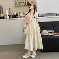 Girls Korean Solid Knee-Length Short Sleeve Dress Summer Casual Princess Dress 110 smėlis