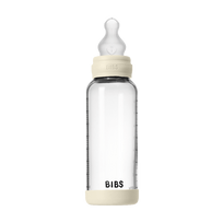 Bibs SEILINTUKAI - stiklinis kūdikių buteliukas apvalus silikoninis vidutinio srauto - dramblio kaulo spalvos - 240 ml