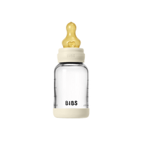 Bibs SEILINTUKAI - stiklinis kūdikių buteliukas, apvalus, lateksinis, lėto srauto - dramblio kaulo spalvos - 120 ml
