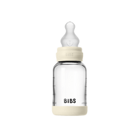 Bibs SEILINTUKAI - stiklinis kūdikių buteliukas, apvalus, silikoninis, 1 pakuotė, 120 ml, lėto srauto - dramblio kaulo spalvos - 120 ml
